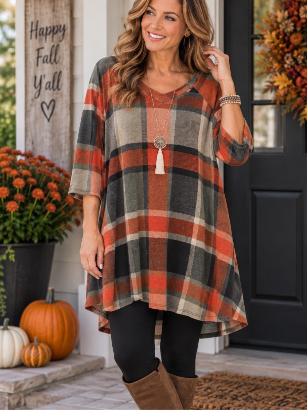 Plaid Tunic Dress in Rust Black and Beige size 1X